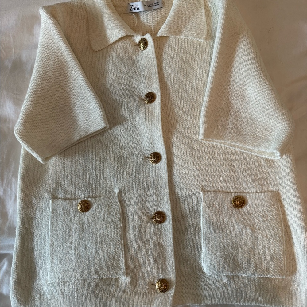 Zara Off-White Teddy Jacket with Gold Buttons